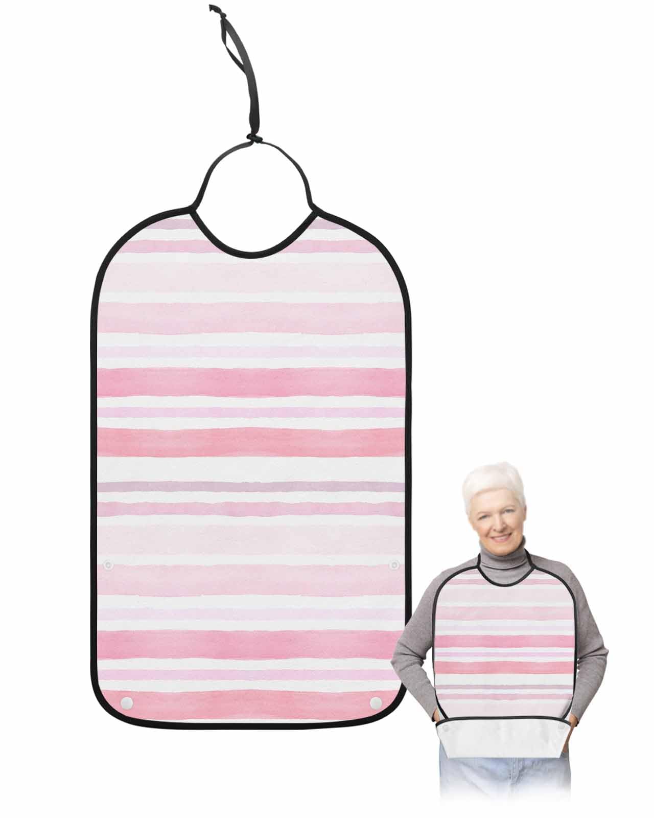 LEOKOTI Pink Striped Adult Bibs for Eating, Waterproof Bibs with Food Catcher & Adjustable Snap Closure, Watercolor Pink Ombre Stripes Washable Clothing Protectors Adult Bibs for Elderly Women/Men