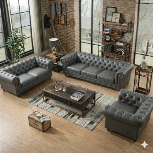 Image of A to Z Furniture Classic 3+2=5 Seater Sofa Set Luxury Chesterfield Leatherette Sofa in for Home Living Room & Office (3+2+1=6 Seater Sofa Grey)