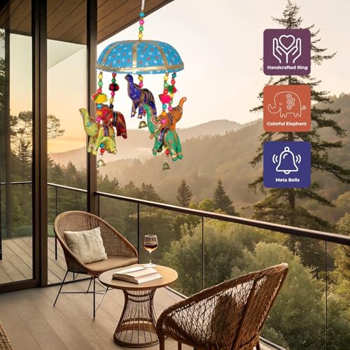 Image of Rajasthani Multicolor Elephants Jhoomer with Bell - Decorative Wind Chimes for Door & Wall Hanging, Ideal Home Decor & Gift Showpiece (Sky Blue)
