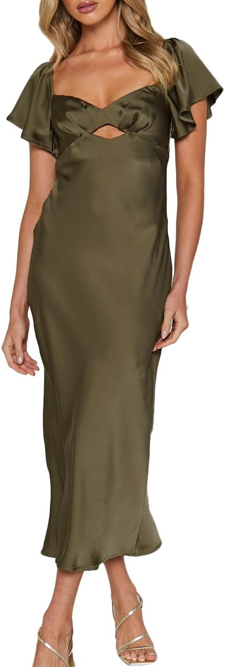 Summer Satin Flutter Sleeve Wedding Guest Dresses for Women Sweetheart Neckline Cutout Tie Back Midi Cocktail Dress