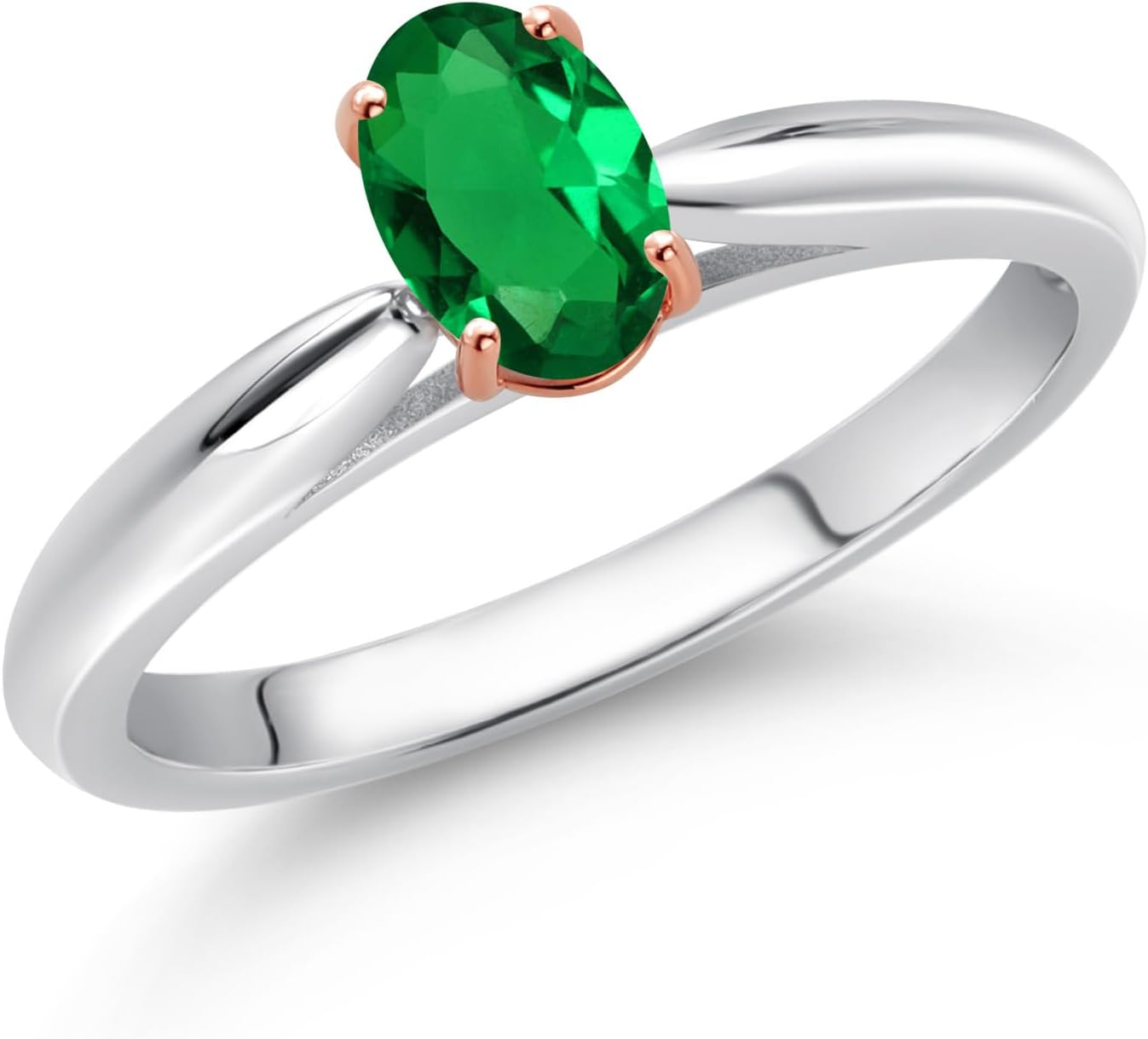 Gem Stone King 925 Sterling Silver and 10K Rose Gold Prongs Green Nano Emerald Solitaire Engagement Ring For Women (0.40 Cttw, Oval 6X4MM, Gemstone May Birthstone)