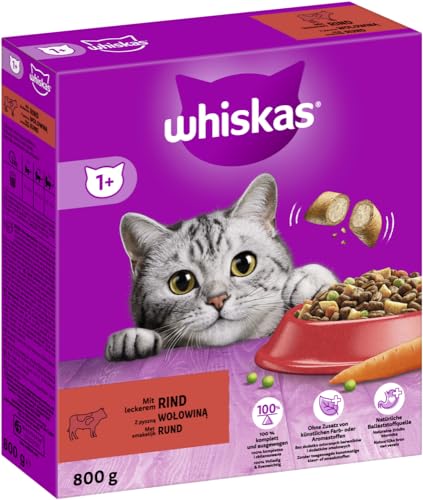 WHISKAS Karton Trocken 1+ Katzenfutter Katzentrockenfutter (2X 800g, Rind)