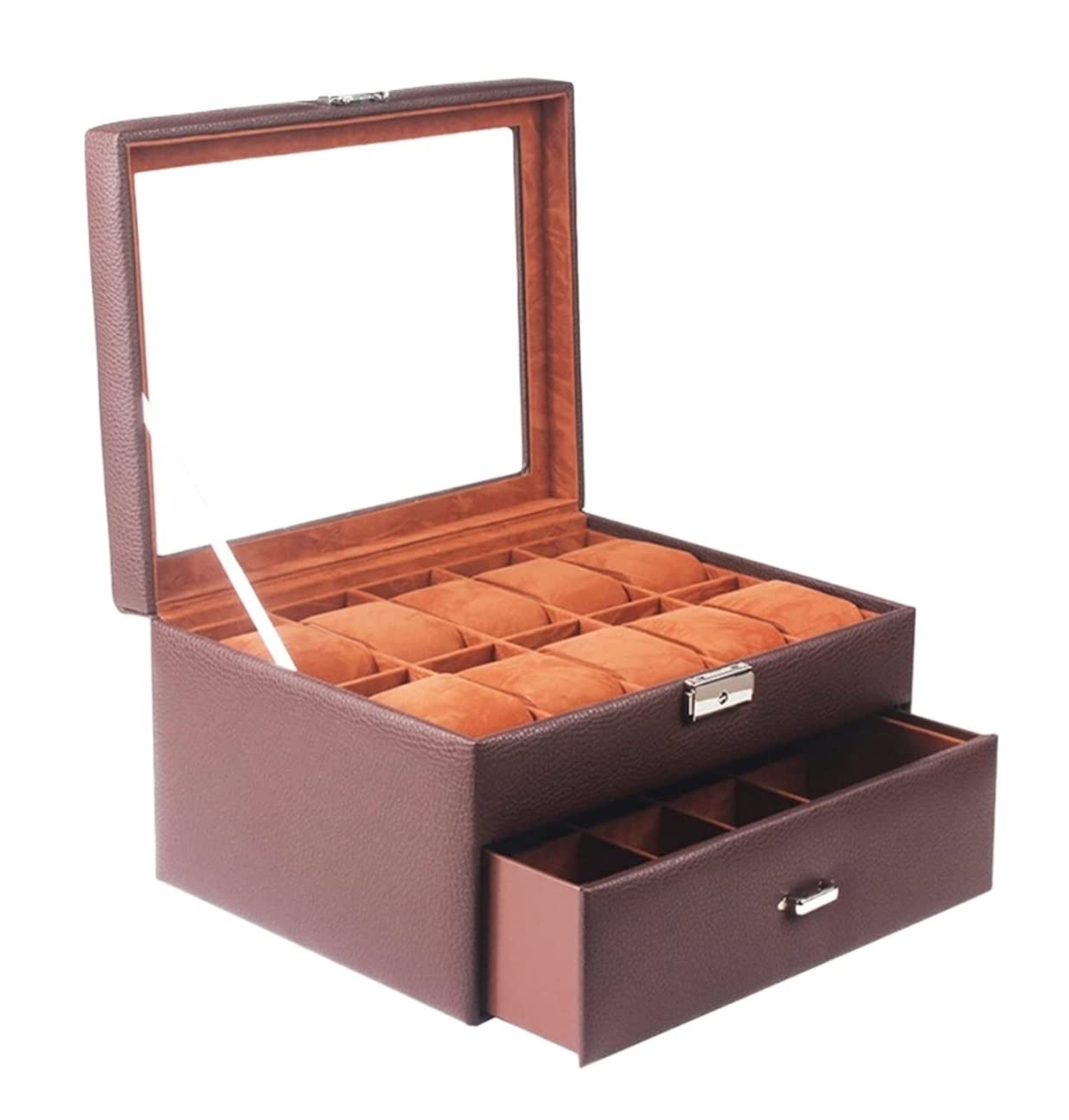 TIANQIHAO Watch Case Watch Organizer Display Double Layer 20 Slots Watch Storage Box With Drawer And Glass Display Top Lockable Watch Box,Brown-29.5 * 23 * 15.5cm