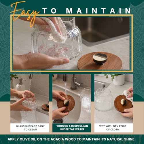 Image of Bubble Glass Jar with Wooden Lid | 980ml | 5x5x5.5 inches | Airtight Stackable Kitchen Storage Container for Grains, Pulses, Cookies, Dry Fruits, Coffee & Snacks