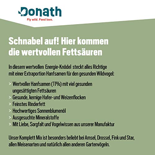 Donath Energie-Knödel Hanf im Bio-Netz - Meisenknödel im Bio-Netz - 100g je Knödel - mit Einer Extraportion Hanfsamen - Ganzjahres Wildvogelfutter - unsere Manufaktur in Süddeutschland - 50er Eimer