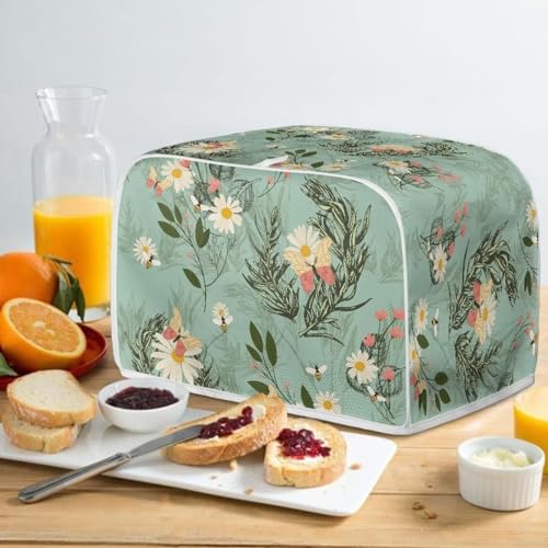 Image of Toaster Dust Cover 2 Slice, Microwave Toaster Oven Grill Stain Resistant Dustproof Kitchen Small Appliance Cover with Top Handle, Daisy Bee Leaf Blue