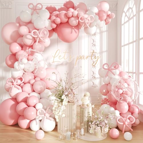 Image of Pink Bow Balloons Garland Arch Kit,180Pcs Pink and White Balloons with Clear Balloon Wrap Bows for Wedding Bachelorette Baby Shower Coquette Birthday Party Decorations