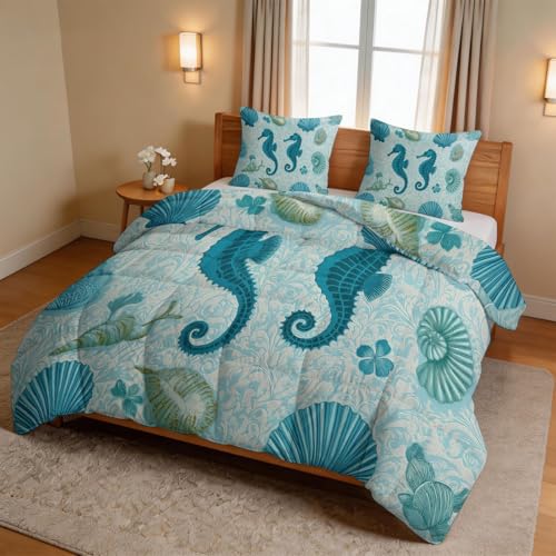 Edredón de estilo marino 200 x 200 cm, 4 estaciones, para cama de 2 personas, animal hipocampo, diseño de coral edredón Adolescentes adultos, edredón ligero, reversible sin funda y 2 fundas de