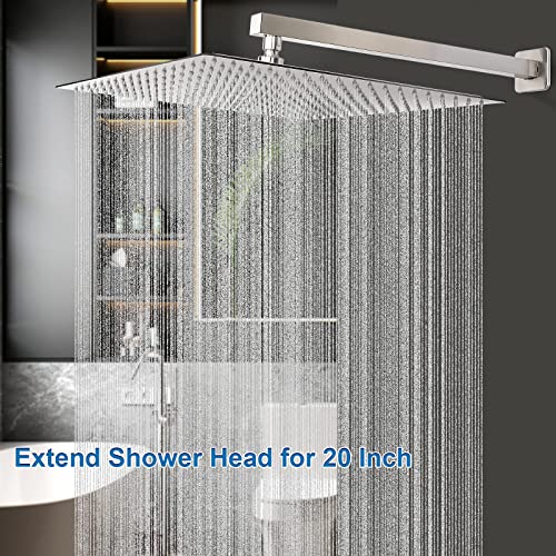 HarJue Shower Head with Extension Arm, High Pressure Square with ShowerArm, Stainless Steel Rainfall-Waterfall Full Body Coverage (16'' Shower with 20'' Arm, Brushed Nickel) by HarJue - Image 8