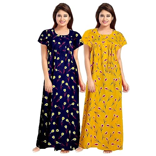 Image of 100% Cotton Nighty for Women || Long Length Printed Nightytwear (Combo Pack of 2)(Blue&Yellow) Multicolour