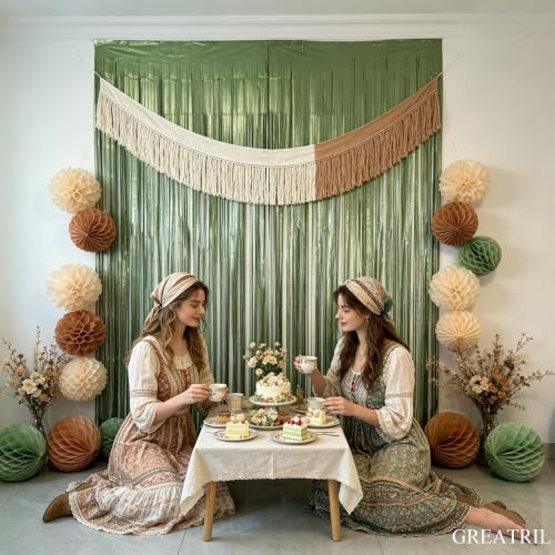 Image of Sage Green Foil Fringe Streamers - GREATRIL Shiny Tinsel Curtain Backdrop for Boho Baby Shower /Birthday /Bridal Party Decorations 8.2ft x 3.2ft 2 PCS