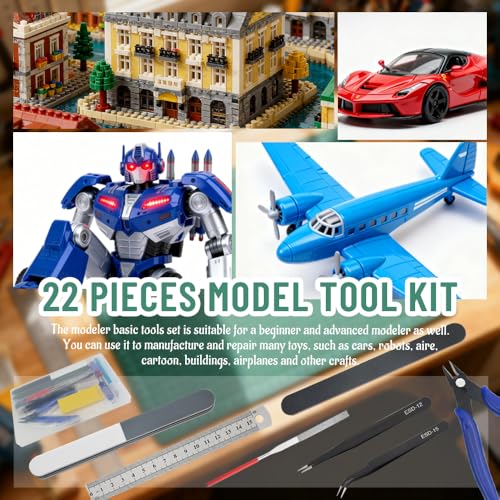 Bigstone 22 PCS Model Tools Kit Hobby Building Tools Craft Set Modeler Basic DIY Tools for Cars, Airplanes, Buildings, Gundam, Robots Models Building Repairing and Fixing