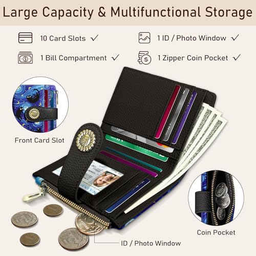 Image of Kelvoris Black Cat Bohemian Small Rfid Women Wallet Zipper Coin Pocket | Vintage Bifold PU Leather Compact Cash Credit Card Holder Travel Purse for Female Ladies Teen Girls 1 ID Window 10 Card Slots