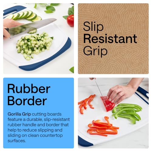 Image of GORILLA GRIP BPA-Free Reversible Kitchen Cutting Board Set of 3, US Designed, Nonporous, Juice Grooves Catch Liquid, Slip Resistant Border, Dishwasher Safe Large Food Chopping Boards, Red Blue Green
