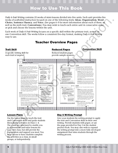Evan-Moor Daily 6-Trait Writing, Grade 6 Homeschool and Classroom Resource Workbook, Reproducible Worksheets, Teaching Edition, Lesson Plans, Ideas, Organization, Word Choice, Sentence Fluency, Voice - Image 4