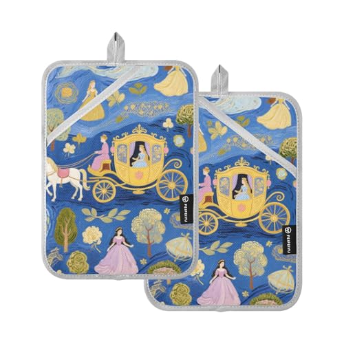 Blue Art Painting Princess Carriage - Soporte para ollas resistentes al calor con bolsillos, manoplas de horno, paquete de 2