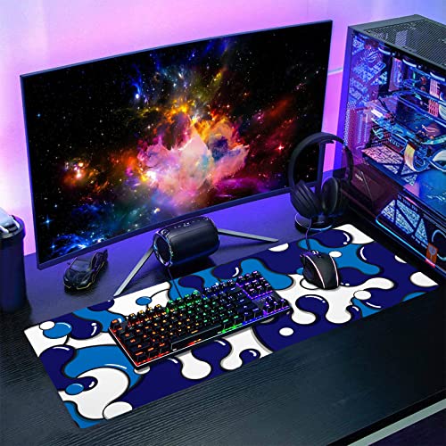 Image of Navy Blue White Mouse Pad Anime Cool Geometric Japanese Extended Desk Mat 80X30 cm Non-Slip Rubber Base Stitched Edge Large XL Mousepad for Desk Gaming Laptop Desktop,31.5x11.8 Inch