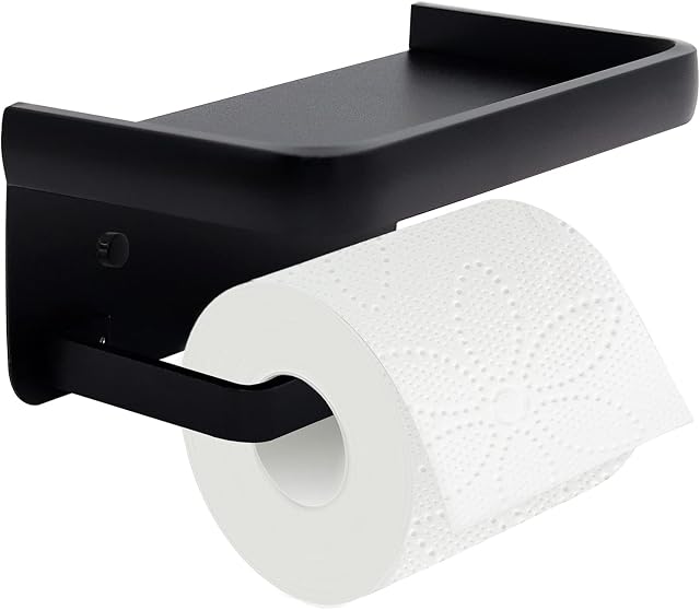 Jnnicong Toilet Roll Holder With Shelf, Black Toilet Paper Holder, Toilet Roll Holder Wall MountedBathroom Adhesive Toilet Paper Holder SUS 304 Stainless Steel Modern Paper Towel Holder.