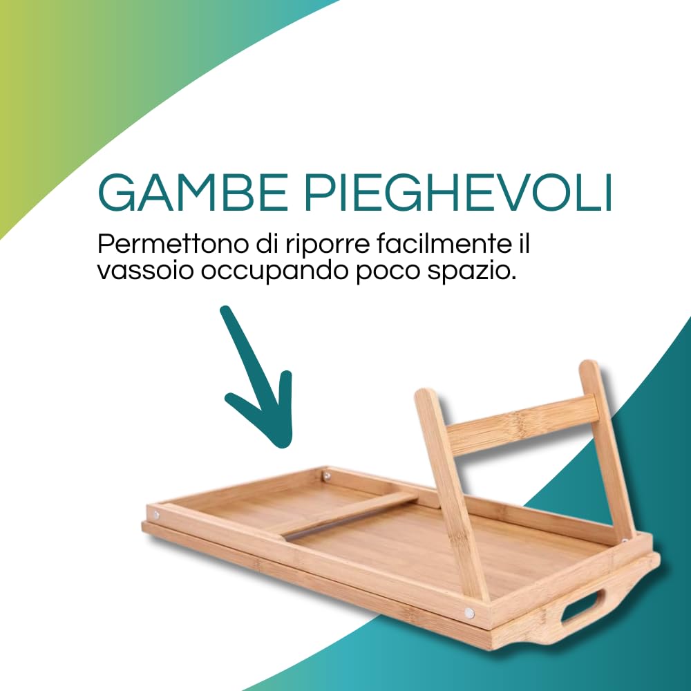 Virsus Vassoio da letto in Legno di Bambù con manici, 50x30x21 cm, richiudibile con gambe pieghevoli per colazione a letto, tavolino porta Pc, per mangiare in montagna, mare, campeggio, 2415F