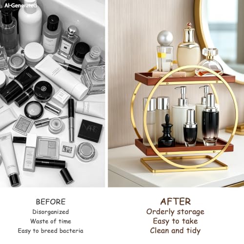 YIWANFW 2-Tier Bathroom Organizer Countertop, Wooden Gold Perfume Organizer - image 7