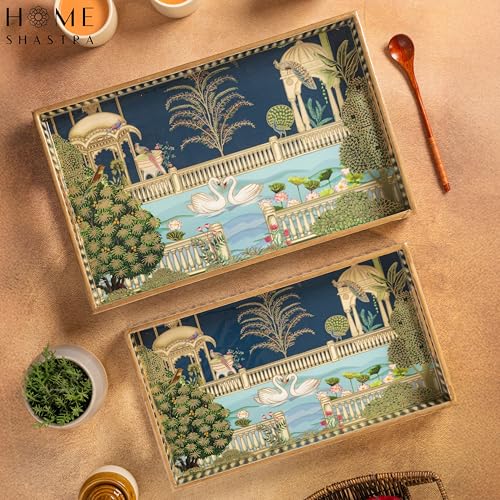 Image of Swan Wooden Serving Tray with Gold Engraving | Set of 2 | Size : 16 x 10 inch & 14 x 8 inch | Enamel Coated Waterproof | Rectangular | Swan Set of 2