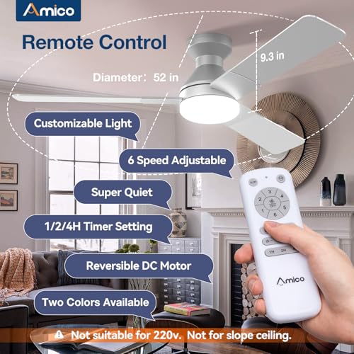 Image of Amico Ceiling Fans with Lights, 52 inch Low Profile Ceiling Fan with Light and Remote Control, Flush Mount, Reversible, 3CCT, Dimmable, Noiseless, Silver Ceiling Fan for Bedroom, Indoor /Outdoor Use