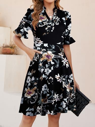 Image of Mokayee Womens Summer V Neck Ruffle Short Sleeve Fit and Flare Knee Length Church Wedding Guest Dresses with Pockets