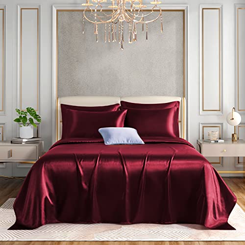 Horbaunal 6 Piece Satin Sheet Set Queen Size Luxury Silky & Soft Burgundy Satin Queen Bed Sheet Set With 16" Deep Pocket, 1 Fitted Sheet, 1 Flat Sheet, 4 Pillowcases #TOP1