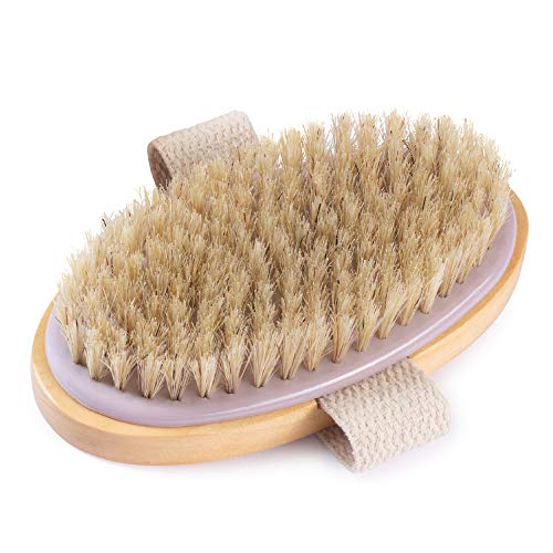 MainBasics Oval Dry Brushing Body Brush  Exfoliating Body Scrub Brush with Medium-Stiffness Boar Bristles Stimulates Lymphatic Drainage and Removes Dead Cells for Glowing Skin, 5 x 2.5 in.