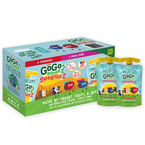 GoGo squeeZ smoothieZ, Strawberry & Mixed Berry Variety Pack, 4 oz. (16 Pouches) - Gluten Free Yogurt, Fruit, & Oat - Individual Snacks for Kids - No Preservatives - Convenient, Reclosable & BPA Free