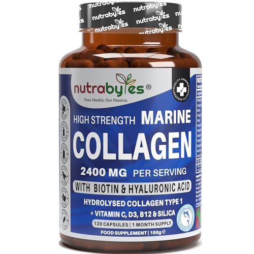 Nutrabytes High Strength Marine Collagen 2400mg with Hyaluronic Acid 100mg, Biotin, Vitamin C, D3, B12 and Silica - 120 Capsules - 1 Month Supply - Hydrolysed Marine Collagen for Men and Women