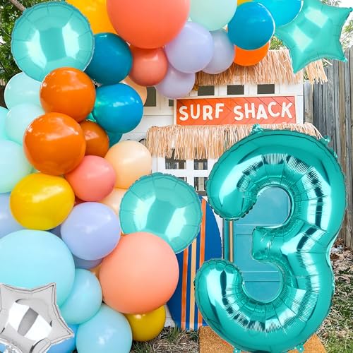 Image of Teal Blue Number 3 Balloons 40 Inch 3rd Birthday Mermaid Theme 5 Pcs | Big Helium Mylar Digital Balloon Anniversary Wedding Party Decor Supplies