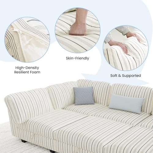 Image of 99 inch Cotton Linen Modular Sectional Sofa Bed with Hidden Storage, 10 Seat Convertible L U Shaped Sleeper Couch with Ottoman Chaise, Farmhouse Modular Sectional Couch with Removable Cover for LivingRoom