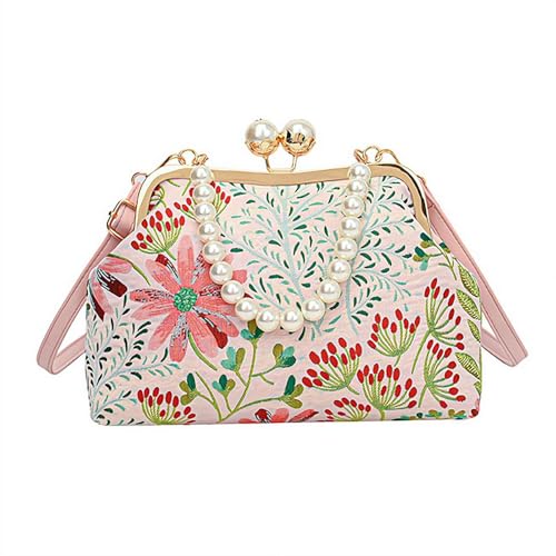 Vintage Embroidered Flower Handbag,Shoulder Chain Messenger Clutch,Chinese Style Embroidery Crossbody Bag Evening Bag (Pink)
