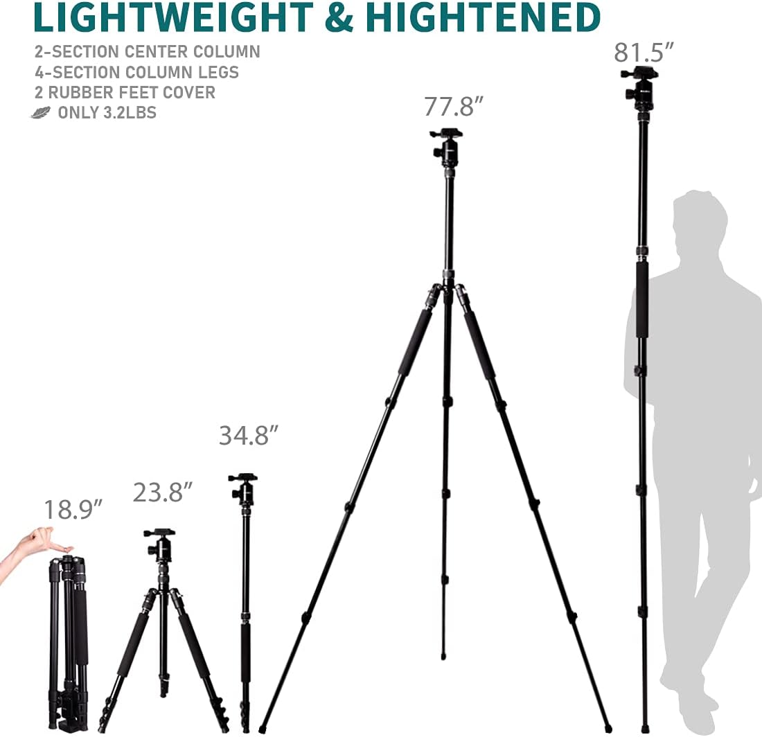 Product Deal RAUBAY 81 DSLR Camera Tripod & Monopod, Lightweight Portable Tripod for Travel & Work with Detachable Center Column and 360° Panorama Ball Head, 1/4 QR Plate, Aluminum Stand with 3 Sections 🔥 Crazy Deals RAUBAY 81 DSLR Camera Tripod & Monopod, Lightweight Portable Tripod for Travel & Work with Detachable Center Column and 360° Panorama Ball Head, 1/4 QR Plate, Aluminum Stand with 3 Sections