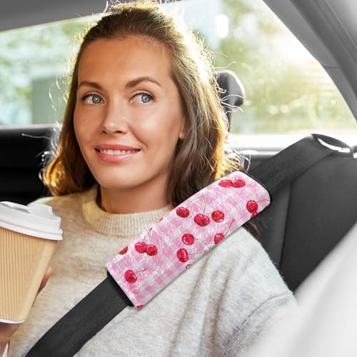 Image of 2 Pack Seatbelt Covers Seat Belt Cover Pad for Adults Boys Girls Car Seat Strap Covers Pads Cushion Universal Shoulder Strap Pad Protector for Backpack Camera Bag 6.5 Inch Pink Juicy Checkered Cherry