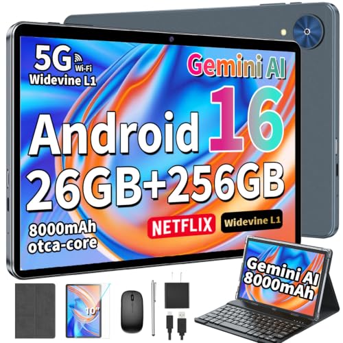 Image of YLEEBG 10 Inch 2-in-1 Android 16 Tablet Gemini AI, 26GB+256GB(2TB Expand), Octa-Core Tablet PC with Keyboard Stylus Mouse, 8000mAh, GMS GPS WiFi, Silver Case