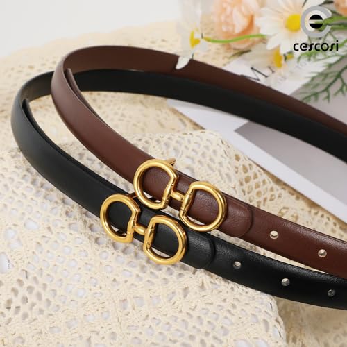 CESCOSI Women Skinny Leather Belts Ladies 2 Pack Thin Waist Belts with Gold Buckle for Dresses 0.7" Width2
