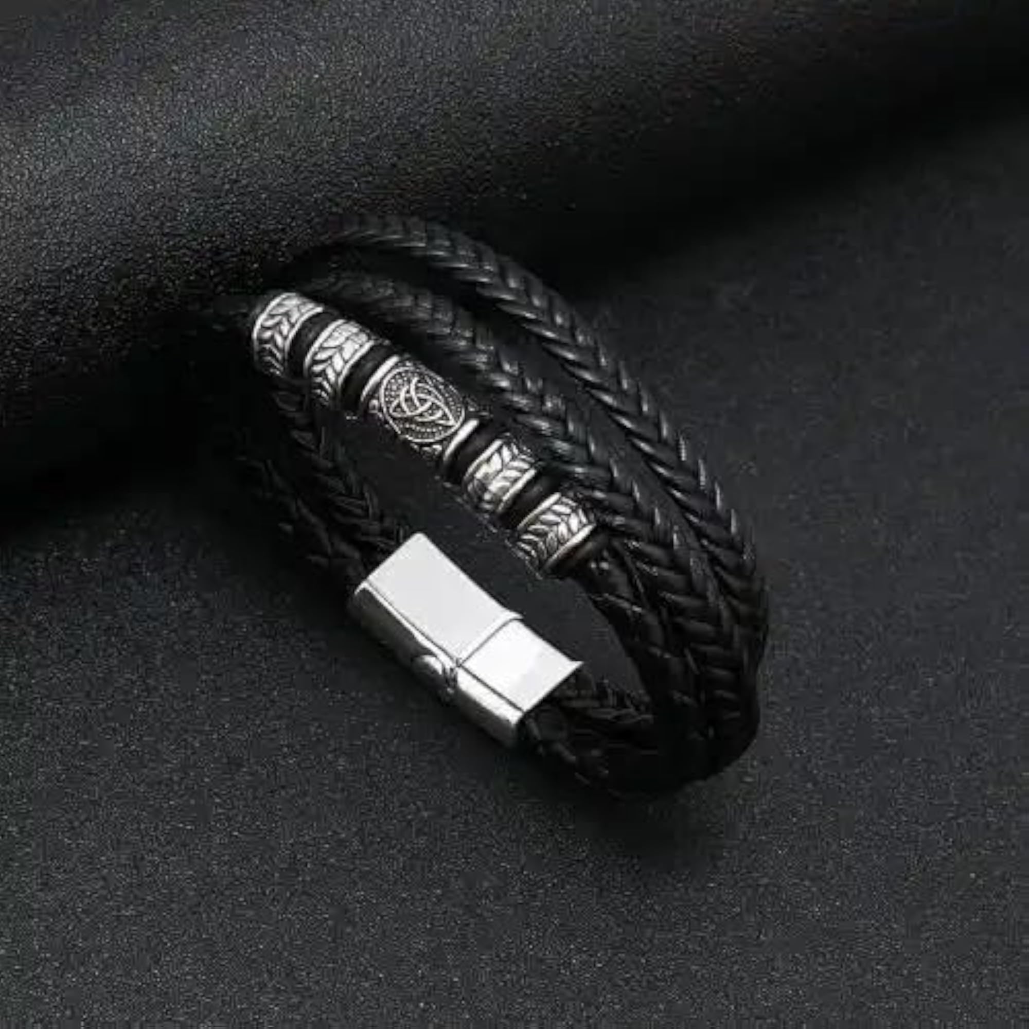 Men's Leather & Silicon Magnetic Clasp Wristband Bracelet