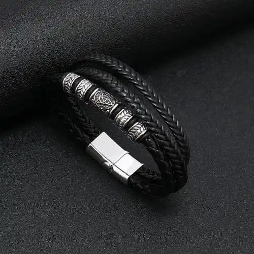 Men's Leather & Silicon Magnetic Clasp Wristband Bracelet