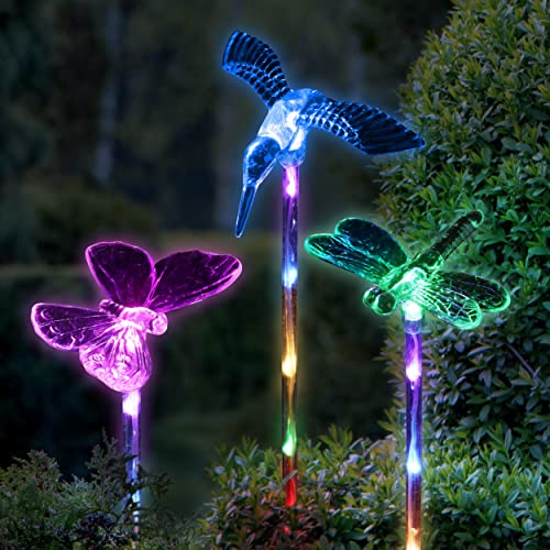 Exhart 3 Solar Acrylic Garden Stakes, Color-Changing Tops, LED Lined Stakes, 1/ea 3pc, 3.5