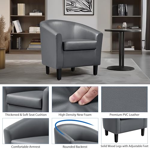 Modern Gray Faux Leather Barrel Chairs - Set of 2