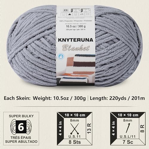 Image of #6 Super Bulky Blanket Yarn for Crocheting - 4 Skeins(Each 10.5oz /300g, 220yds /201m), Chunky Chenille Thick Plush Big Soft Yarn for Crocheting Knitting Blankets, Light Grey