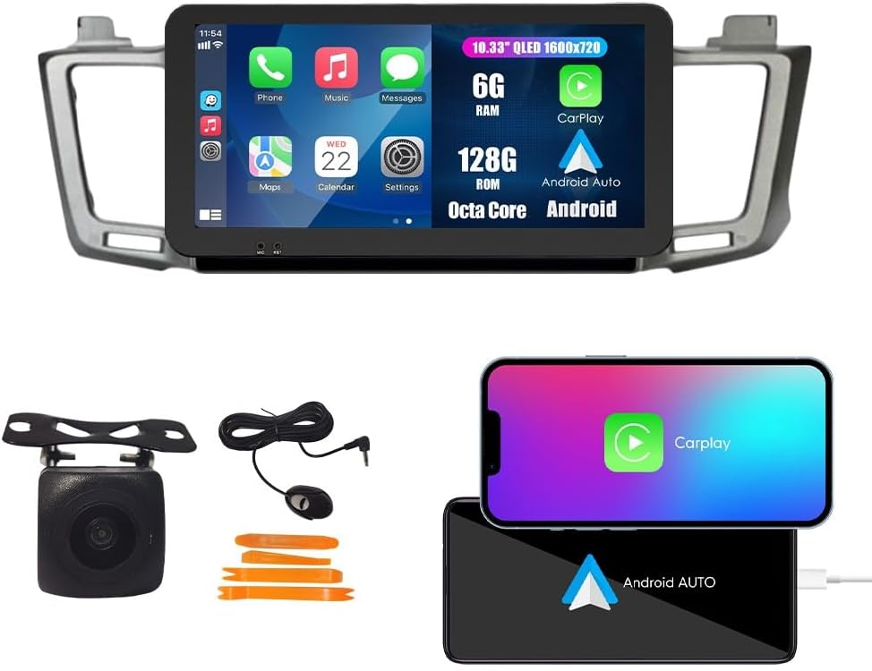 Kunfine Car CarPlay Android Auto Navigation Stereo GPS Radio Reverse Camera Display 10.33" QLED Touchscreen Headunit Tablet Pad Media Player for Toyota Rav4 2012-2018, if Applicable Octa Core 6G+128G