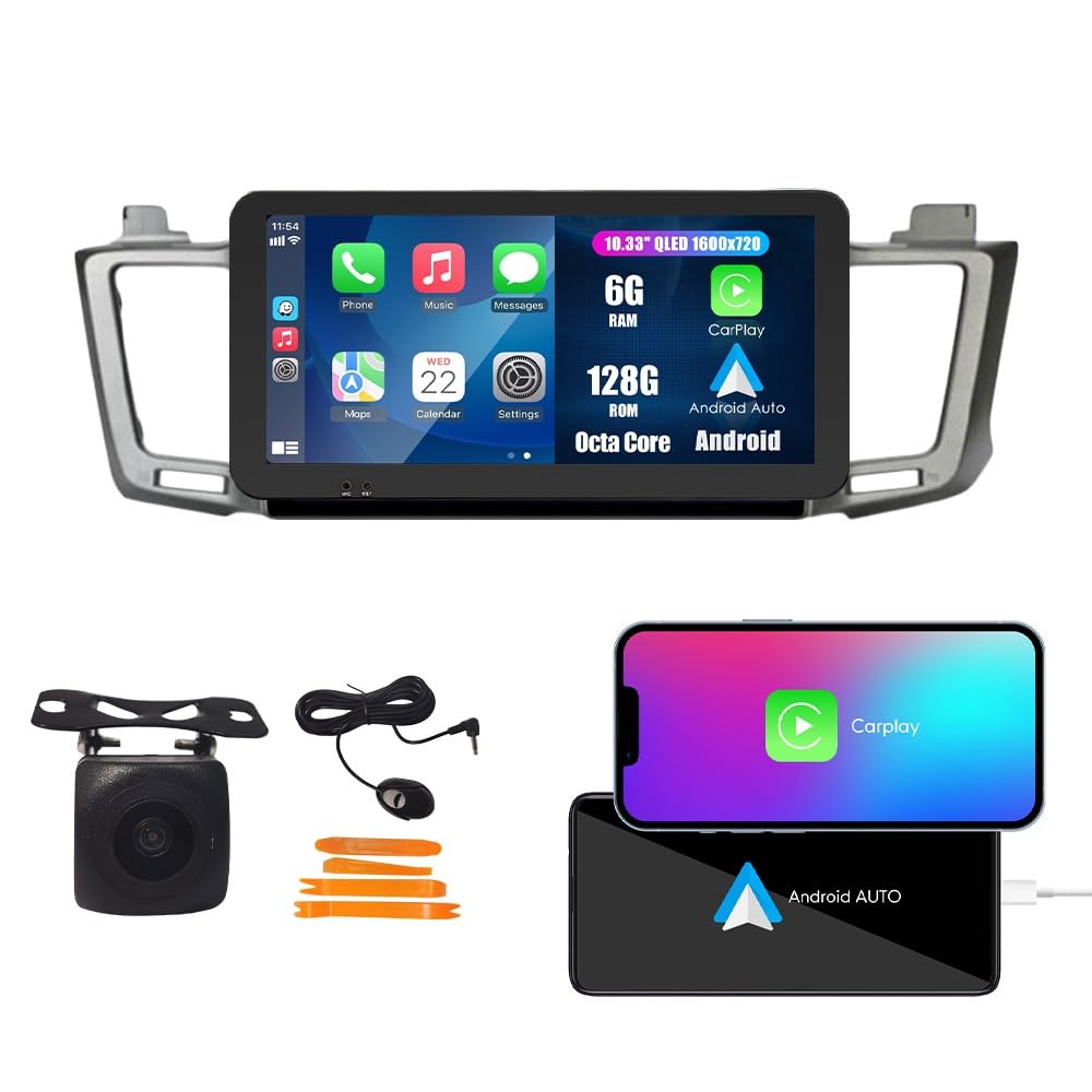 Kunfine Car CarPlay Android Auto Navigation Stereo GPS Radio Reverse Camera Display 10.33" QLED Touchscreen Headunit Tablet Pad Media Player for Toyota Rav4 2012-2018, if Applicable Octa Core 6G+128G