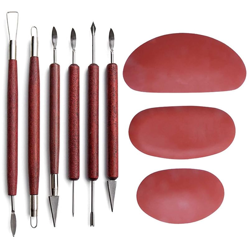 9PCS Polymer Clay Tools, Wooden Handle Dual-Headed Clay Sculpting Tools Set, Soft Rubber Ceramic Pottery Ribs, Hand-Made Sculpture Ceramic DIY Clay Artist Auxiliary Special Tools