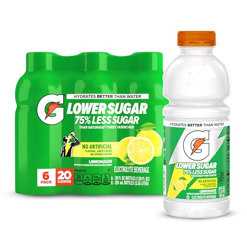 Gatorade Lower Sugar Electrolyte Sports Drink, Lemonade, 20 fl oz Bottles, (6 Pack), 75% Less Sugar, No Artificial Flavors, No Artificial Sweeteners, No...