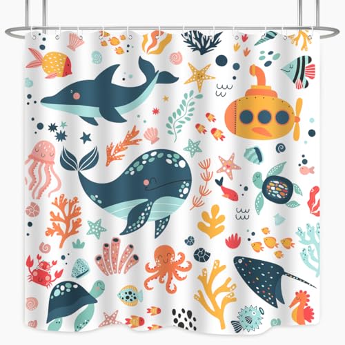 Image of Kids Cartoon Ocean Shower Curtain Cute Fish Sea Turtle Whale Dolphin Funny Underwater Submarine Animal Sea Life Children Boy Home Bathroom Decor Waterproof Fabric 72Lx72W Inch with 12PCS Hooks