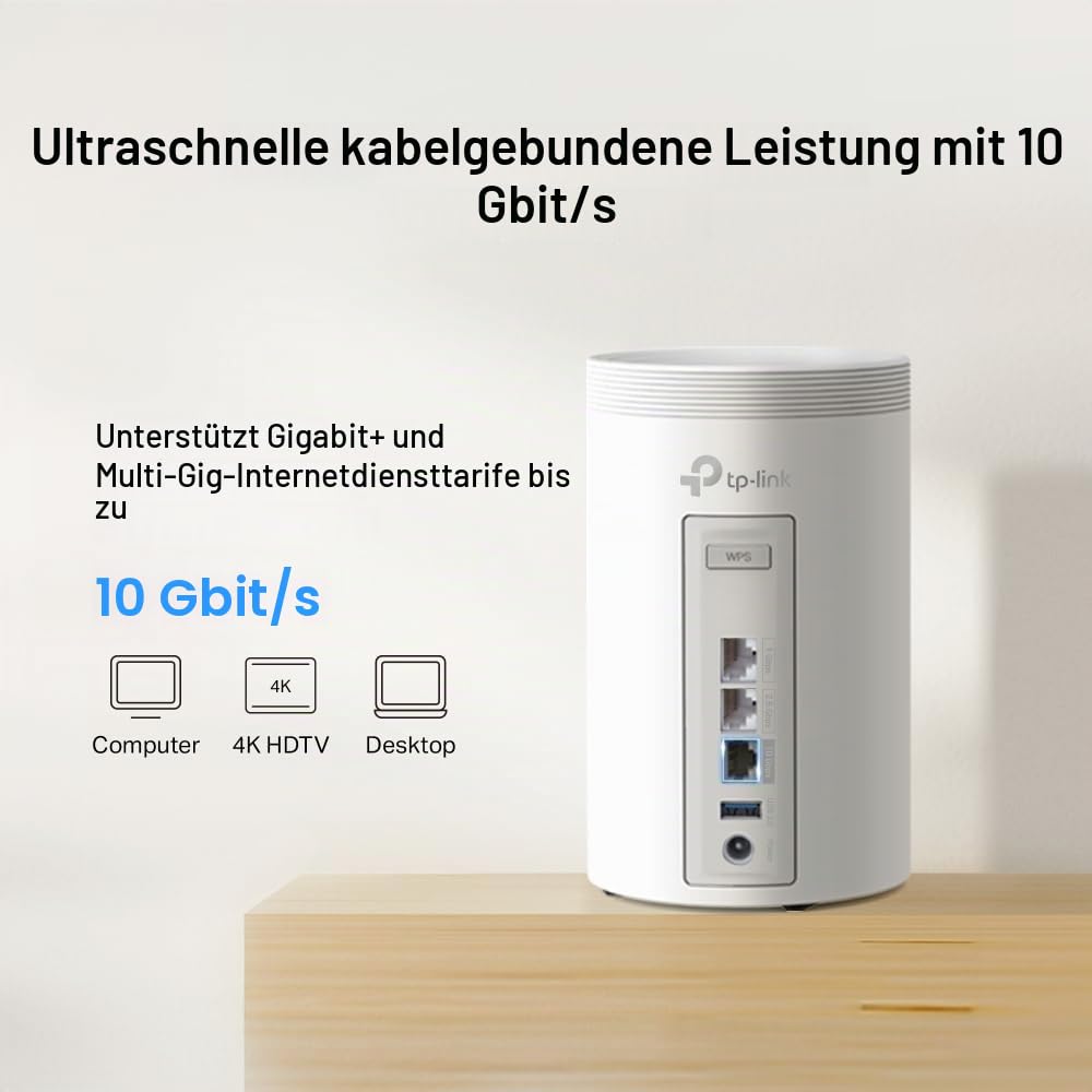 TP-Link Deco BE68 Wi-Fi 7 Mesh WLAN Set(3er Pack) BE14000 Tri-Band, 8 Streams, MLO, 1×10G Ports + 1×2,5G Port + 1×Gigabit Port, USB 3.0, empfohlen für Häuser mit 4-6 Schlafzimmern