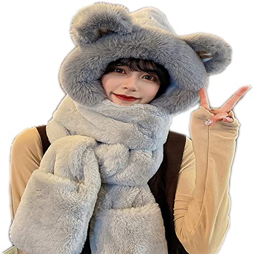 Faux Fur Furry Hooded Scarf With Pockets Hat Gloves Set Cute Bear Ears Multi-Functional Animal Hat2